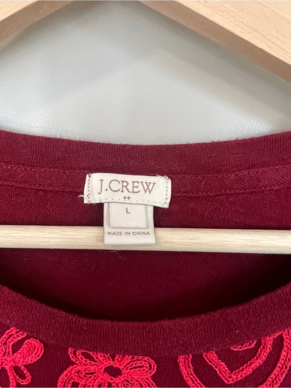 J.Crew Top Women's Size L Burgundy Red Embroidered Long Sleeve Crew Neck Cotton